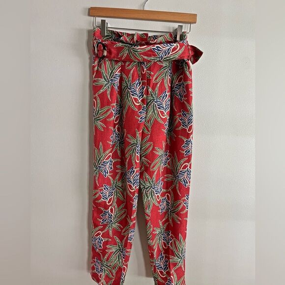 Lulu's Pants - Lulus Moon River Linen Blend Paperbag Belted Crop Pants Red Tropical S